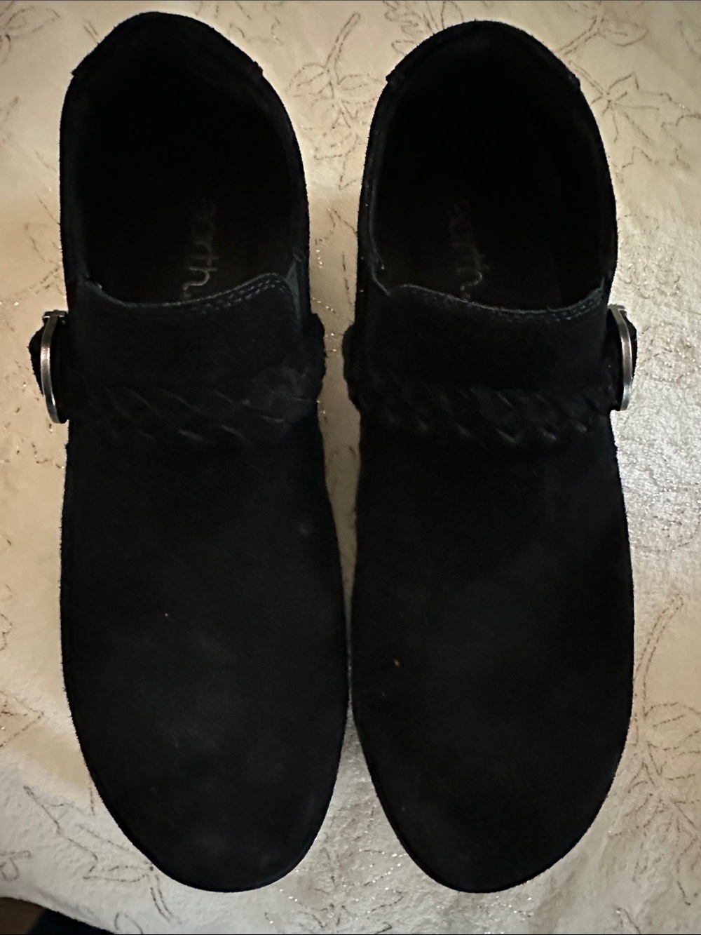Earth Black Suede Ankle Booties with Braided Strap and Buckle